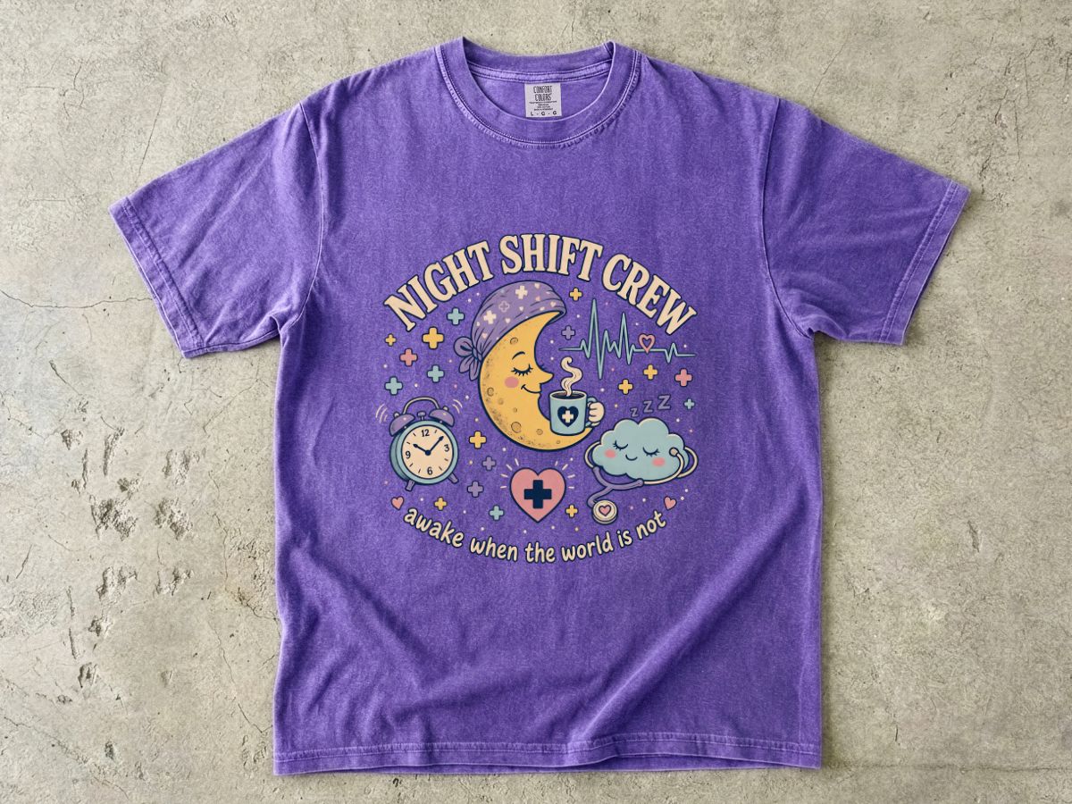 Night Shift Crew T-Shirt — Cute Moon & Clouds Design (Healthcare/Nurse Gifts)