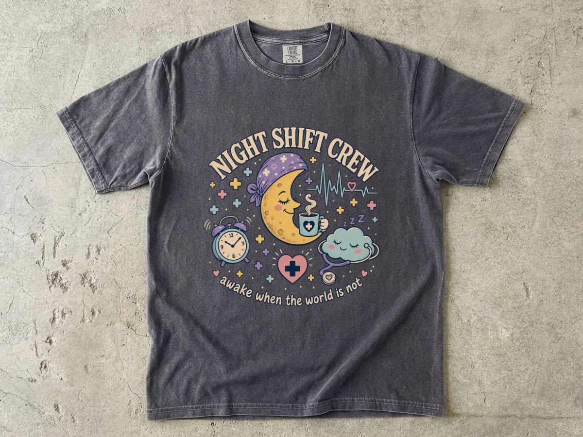 Night Shift Crew T-Shirt — Cute Moon & Clouds Design (Healthcare/Nurse Gifts)