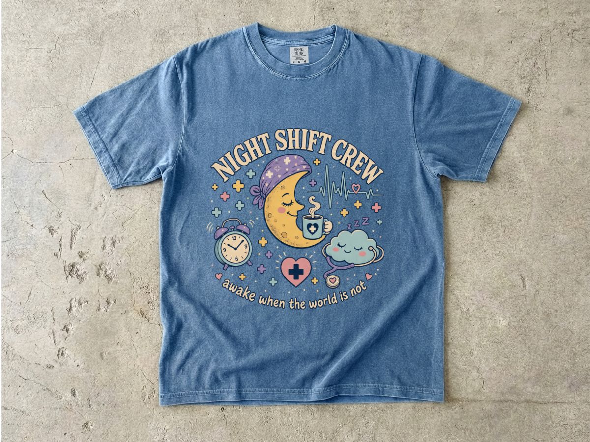 Night Shift Crew T-Shirt — Cute Moon & Clouds Design (Healthcare/Nurse Gifts)
