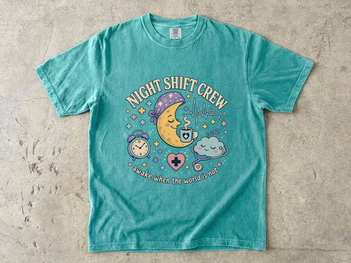 Night Shift Crew T-Shirt — Cute Moon & Clouds Design (Healthcare/Nurse Gifts)