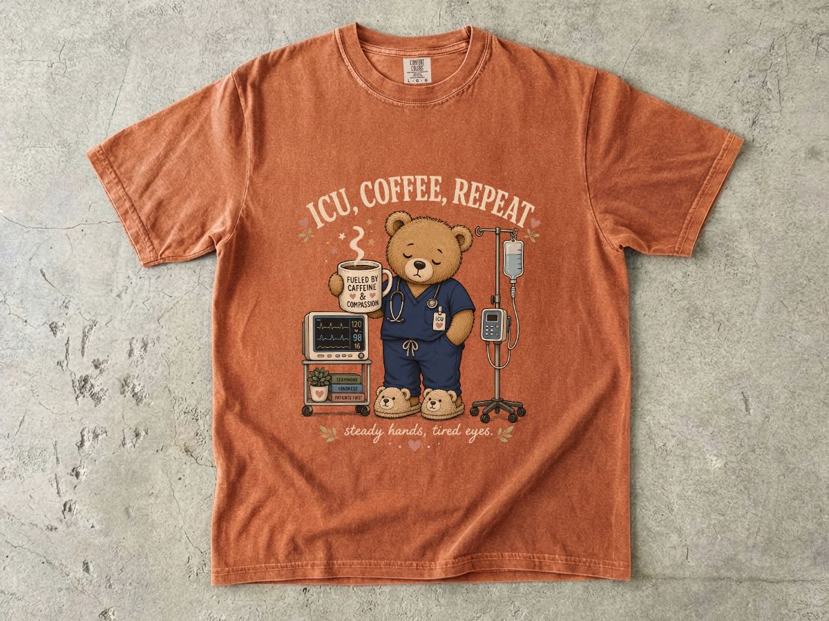 Nurse Bear T-Shirt — 'ICU, Coffee, Repeat' Cute Medical Teddy Tee