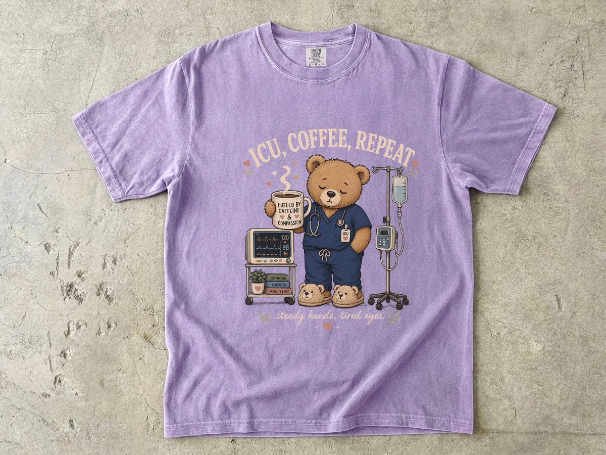 Nurse Bear T-Shirt — 'ICU, Coffee, Repeat' Cute Medical Teddy Tee