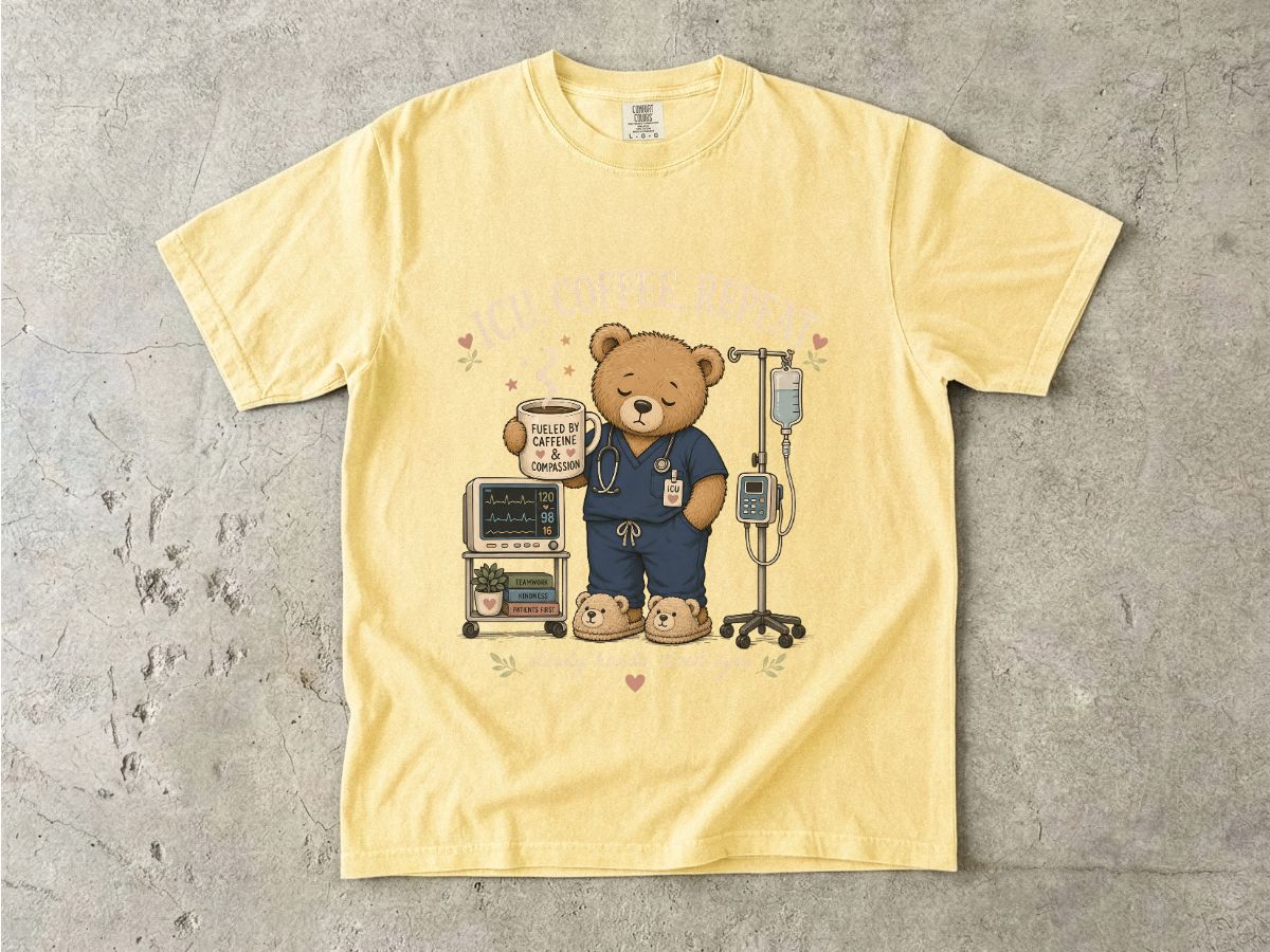 Nurse Bear T-Shirt — 'ICU, Coffee, Repeat' Cute Medical Teddy Tee