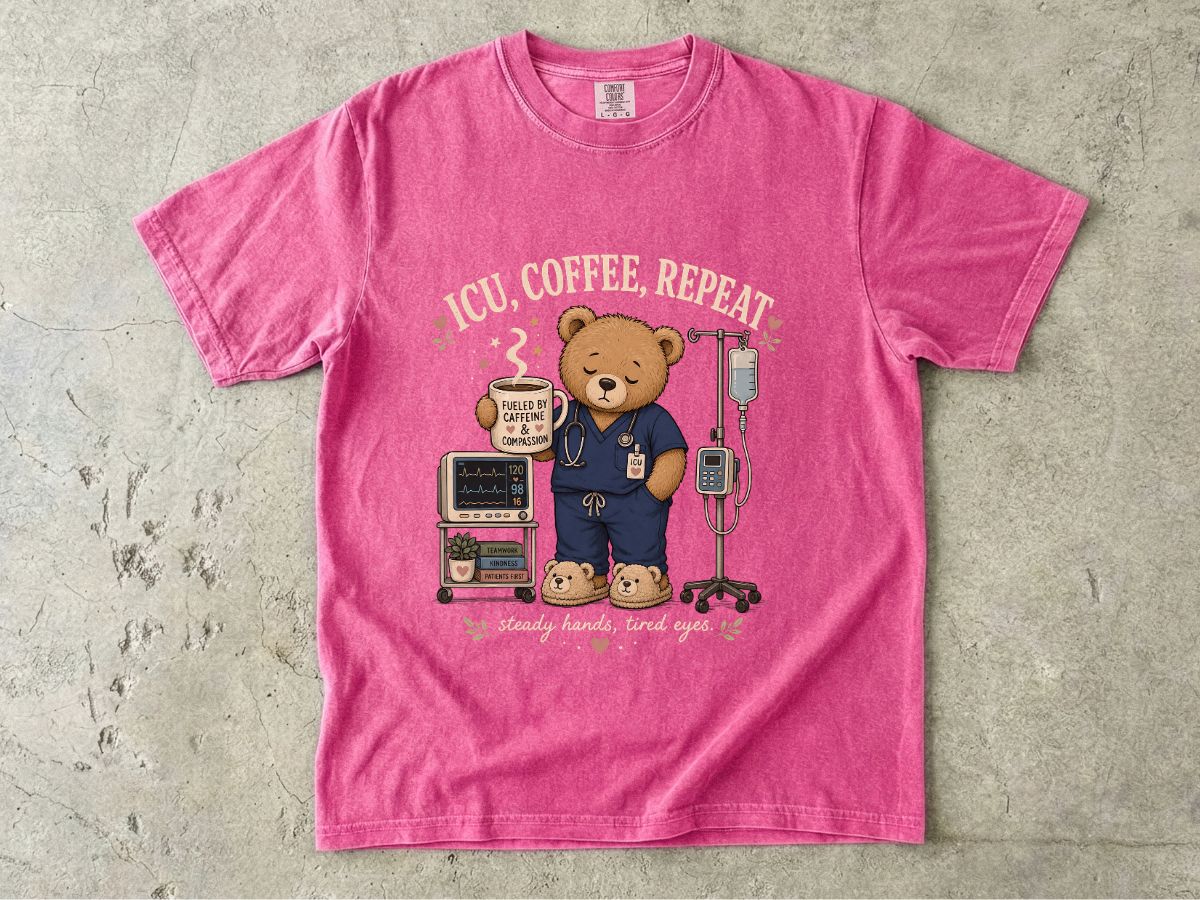 Nurse Bear T-Shirt — 'ICU, Coffee, Repeat' Cute Medical Teddy Tee