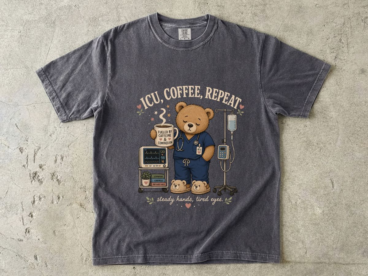 Nurse Bear T-Shirt — 'ICU, Coffee, Repeat' Cute Medical Teddy Tee