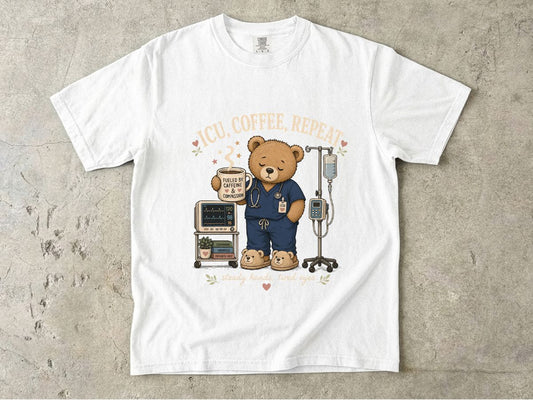 Nurse Bear T-Shirt — 'ICU, Coffee, Repeat' Cute Medical Teddy Tee