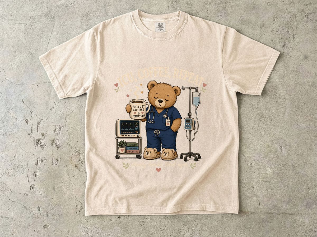 Nurse Bear T-Shirt — 'ICU, Coffee, Repeat' Cute Medical Teddy Tee