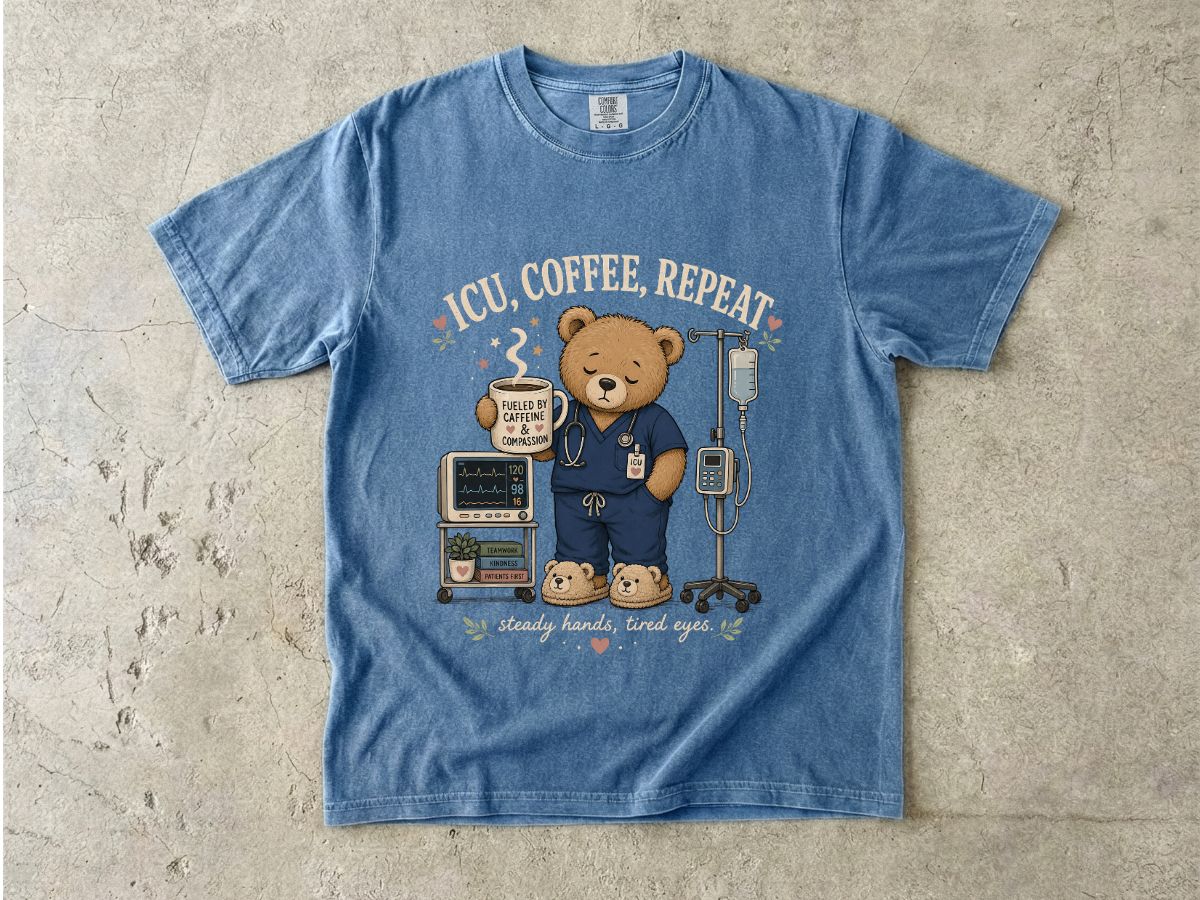 Nurse Bear T-Shirt — 'ICU, Coffee, Repeat' Cute Medical Teddy Tee