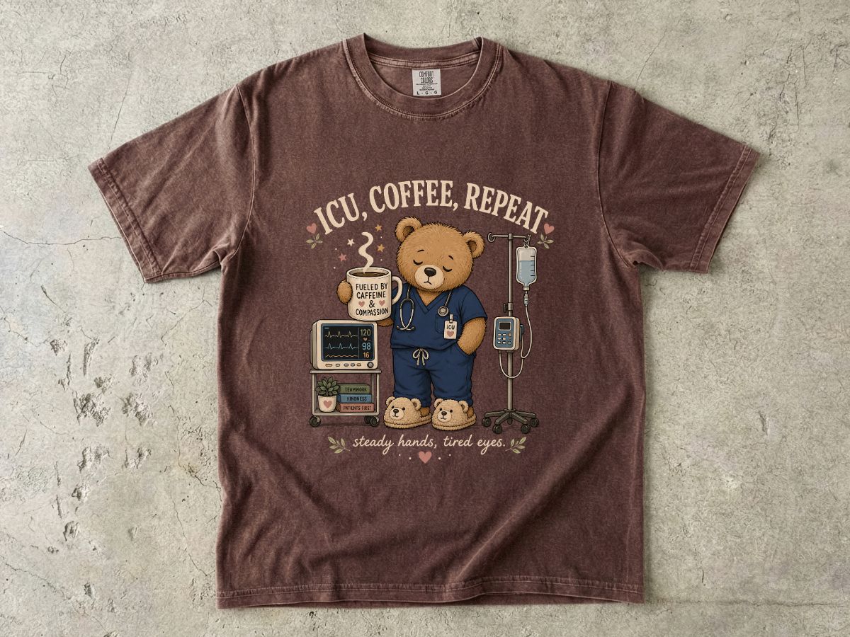 Nurse Bear T-Shirt — 'ICU, Coffee, Repeat' Cute Medical Teddy Tee