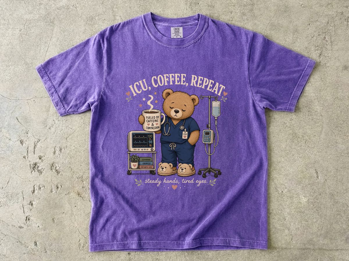 Nurse Bear T-Shirt — 'ICU, Coffee, Repeat' Cute Medical Teddy Tee