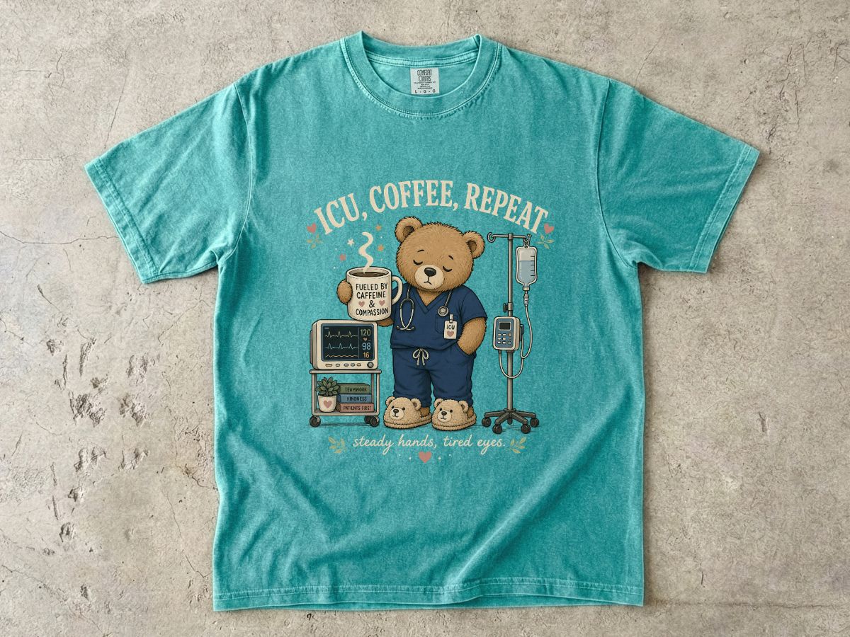 Nurse Bear T-Shirt — 'ICU, Coffee, Repeat' Cute Medical Teddy Tee