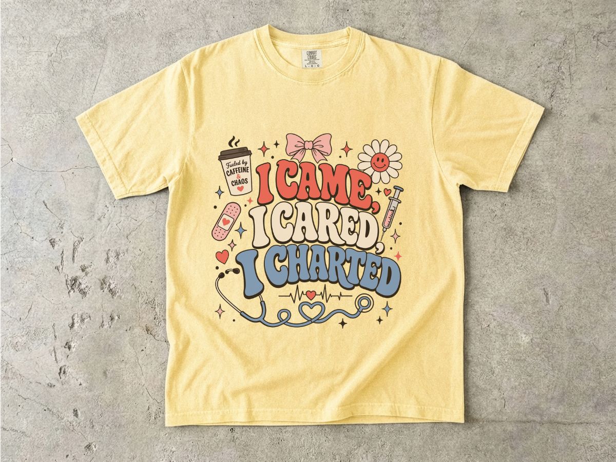 I Came I Cared I Charted Nurse T-Shirt — Cute Retro Medical Charting Tee