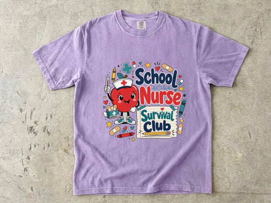 T-Shirt — School Nurse Survival Club Cute Cartoon Heart Graphic