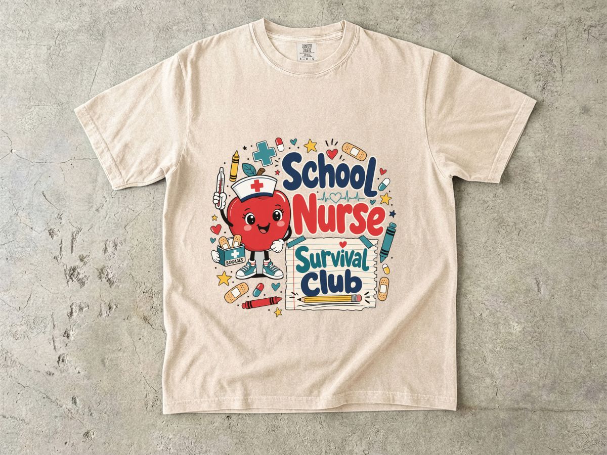 T-Shirt — School Nurse Survival Club Cute Cartoon Heart Graphic