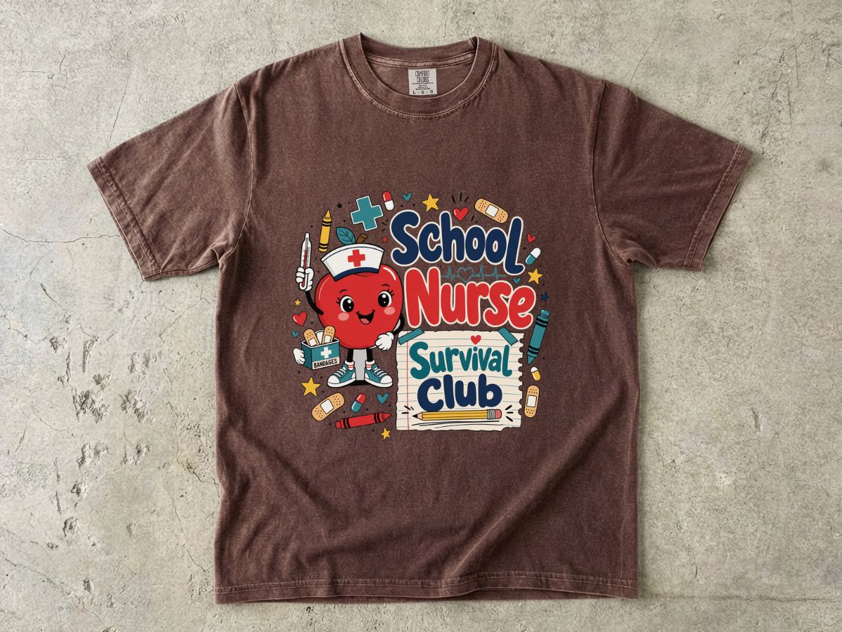 T-Shirt — School Nurse Survival Club Cute Cartoon Heart Graphic