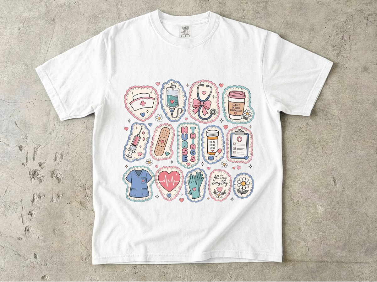 Nurse Life Badge Sticker Tee — Cute Healthcare Icons T-Shirt