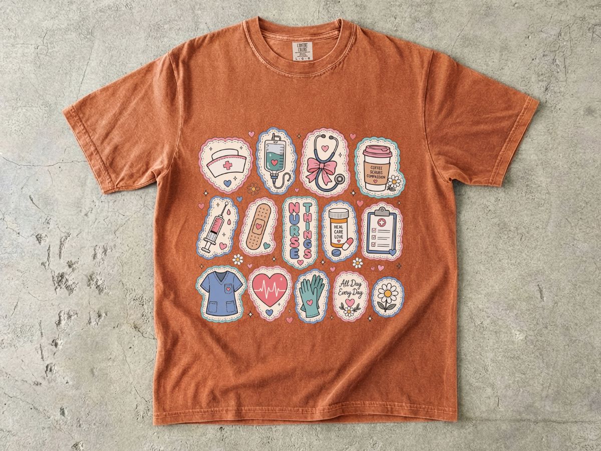 Nurse Life Badge Sticker Tee — Cute Healthcare Icons T-Shirt