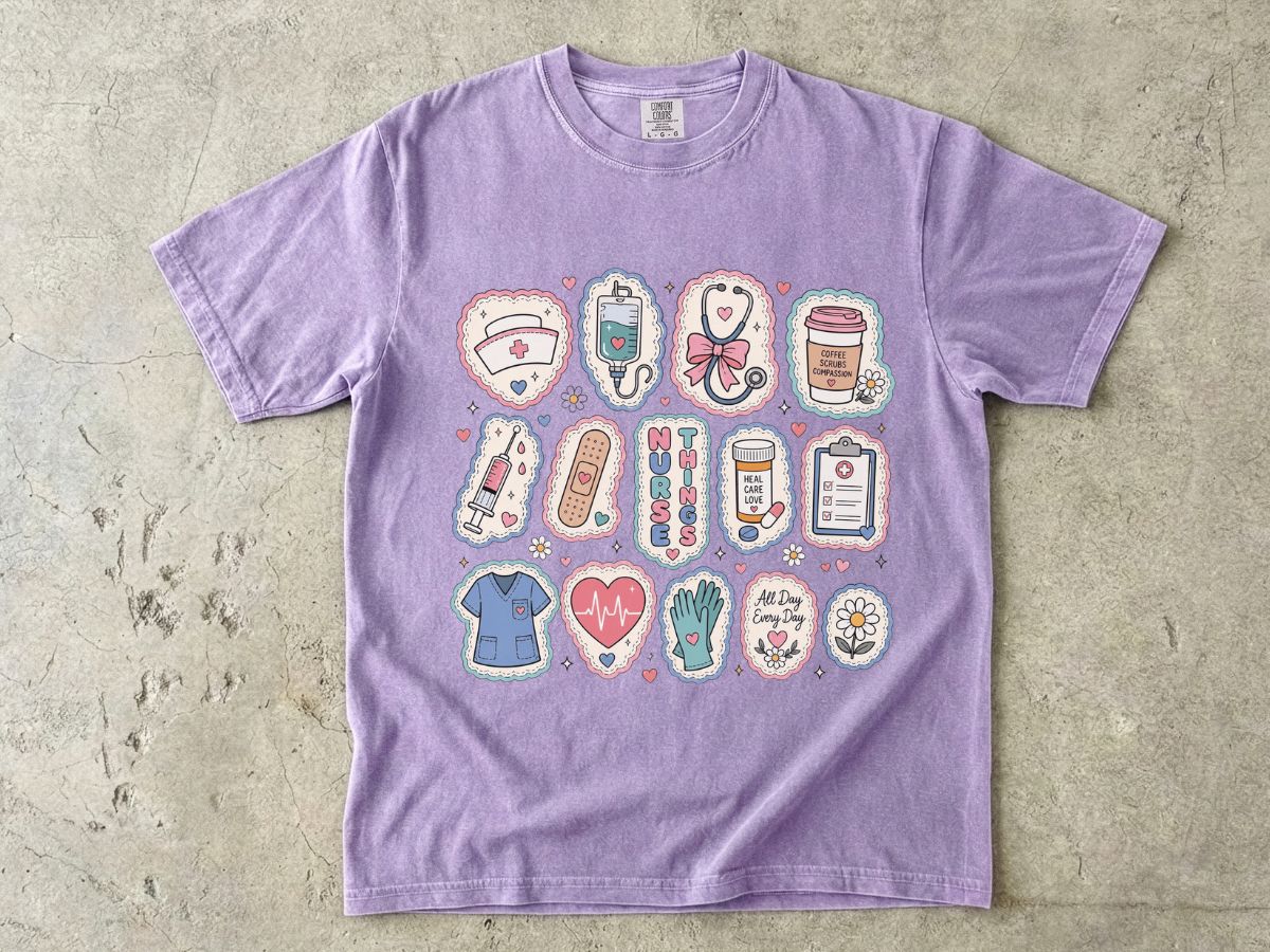 Nurse Life Badge Sticker Tee — Cute Healthcare Icons T-Shirt