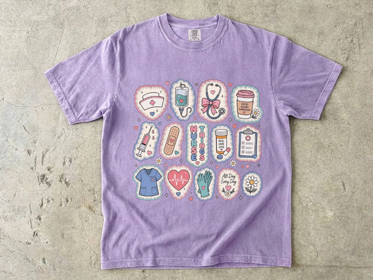 Nurse Life Badge Sticker Tee — Cute Healthcare Icons T-Shirt