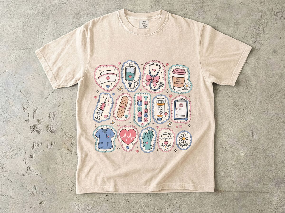 Nurse Life Badge Sticker Tee — Cute Healthcare Icons T-Shirt