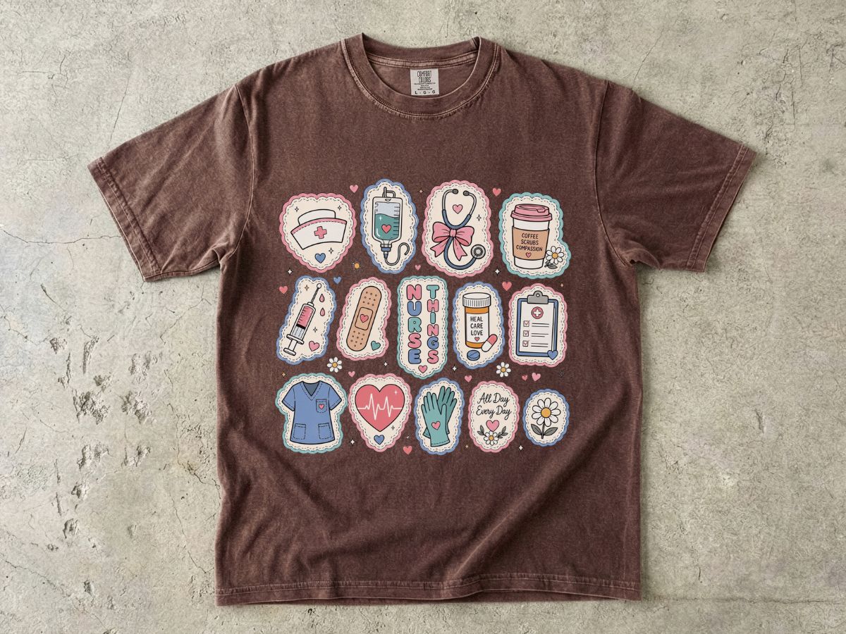 Nurse Life Badge Sticker Tee — Cute Healthcare Icons T-Shirt