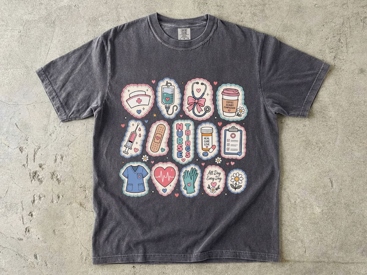 Nurse Life Badge Sticker Tee — Cute Healthcare Icons T-Shirt