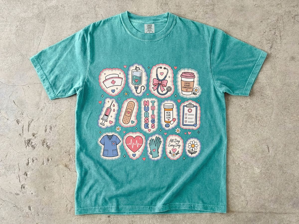 Nurse Life Badge Sticker Tee — Cute Healthcare Icons T-Shirt