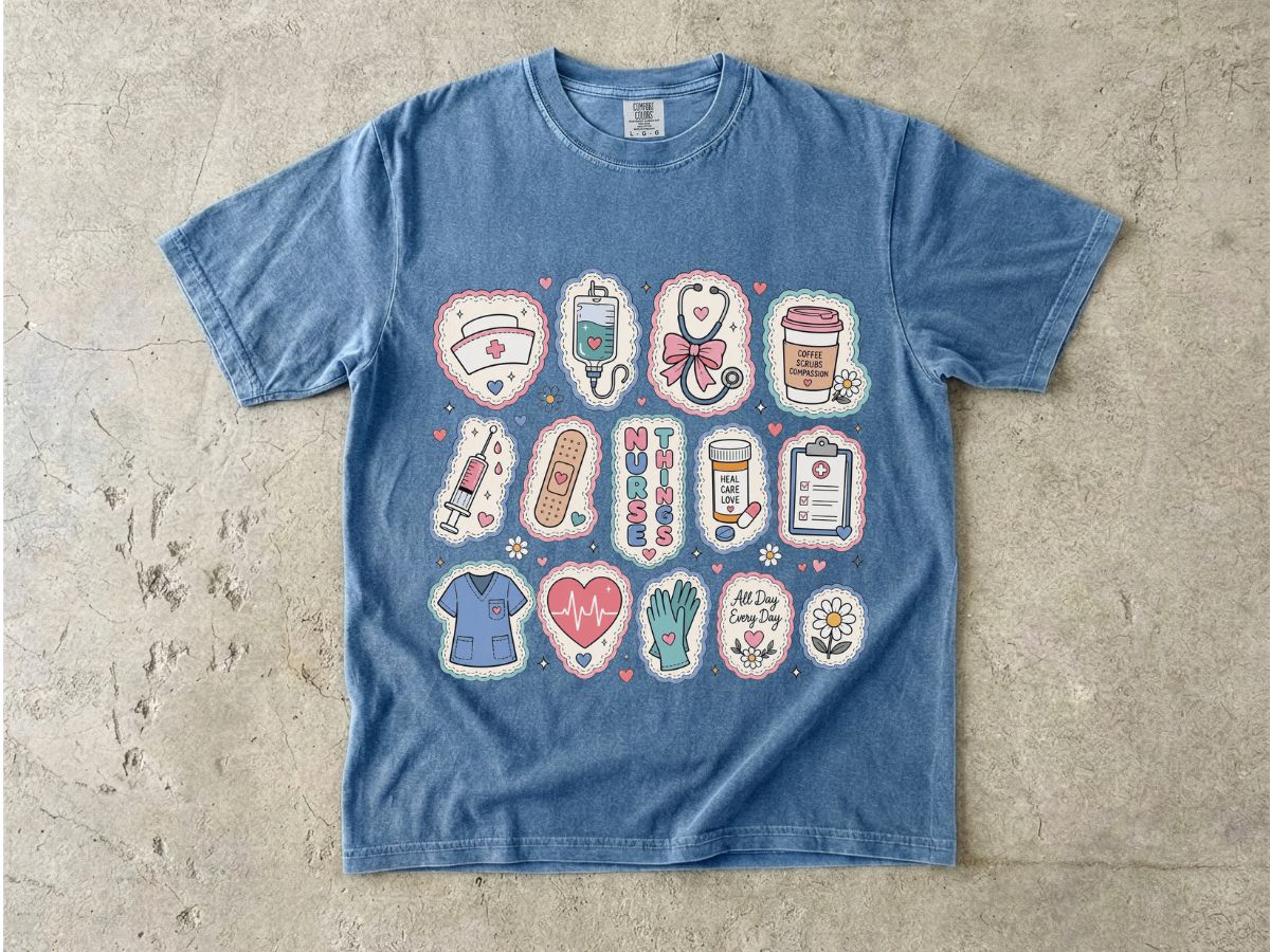 Nurse Life Badge Sticker Tee — Cute Healthcare Icons T-Shirt