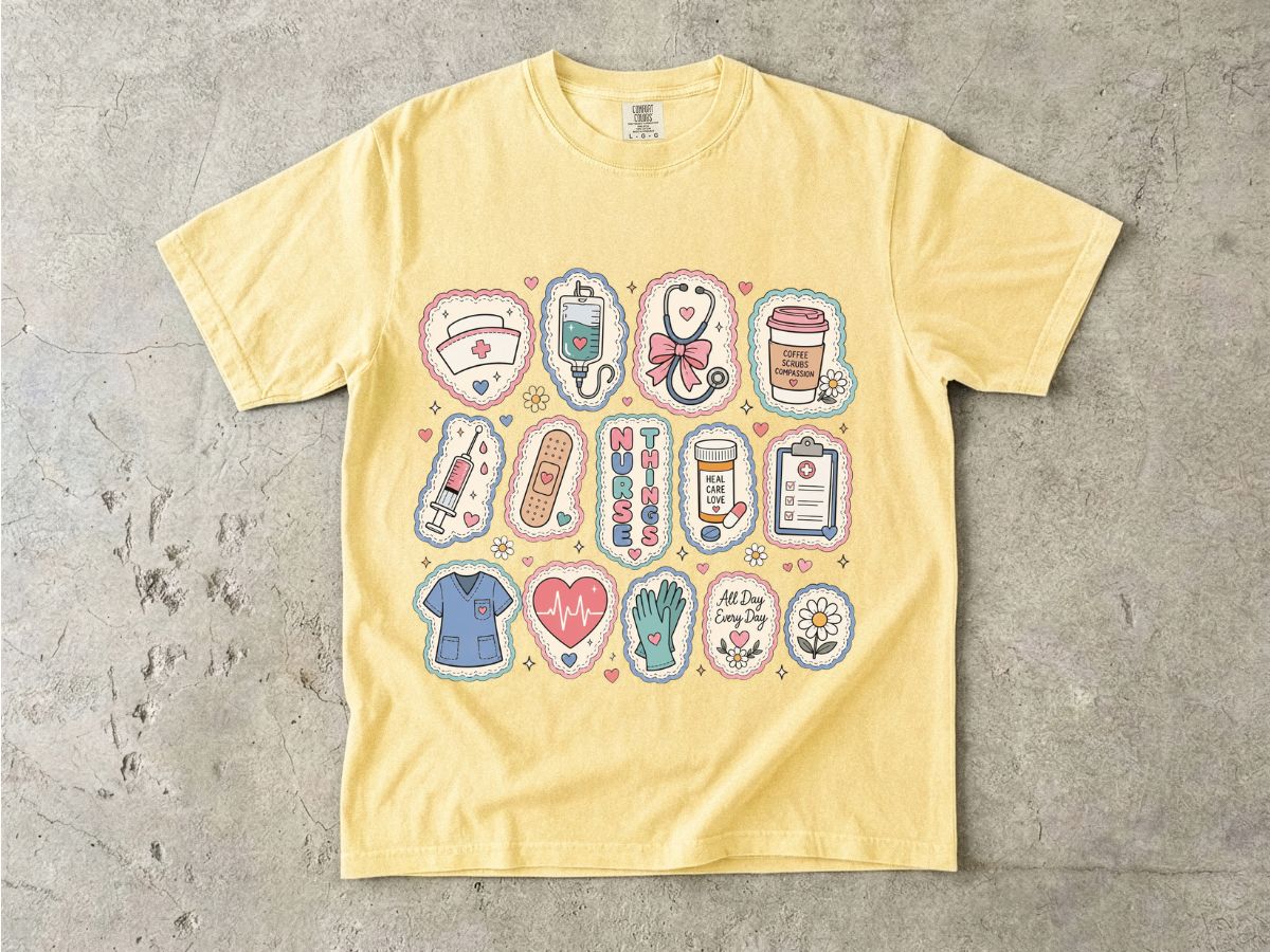 Nurse Life Badge Sticker Tee — Cute Healthcare Icons T-Shirt