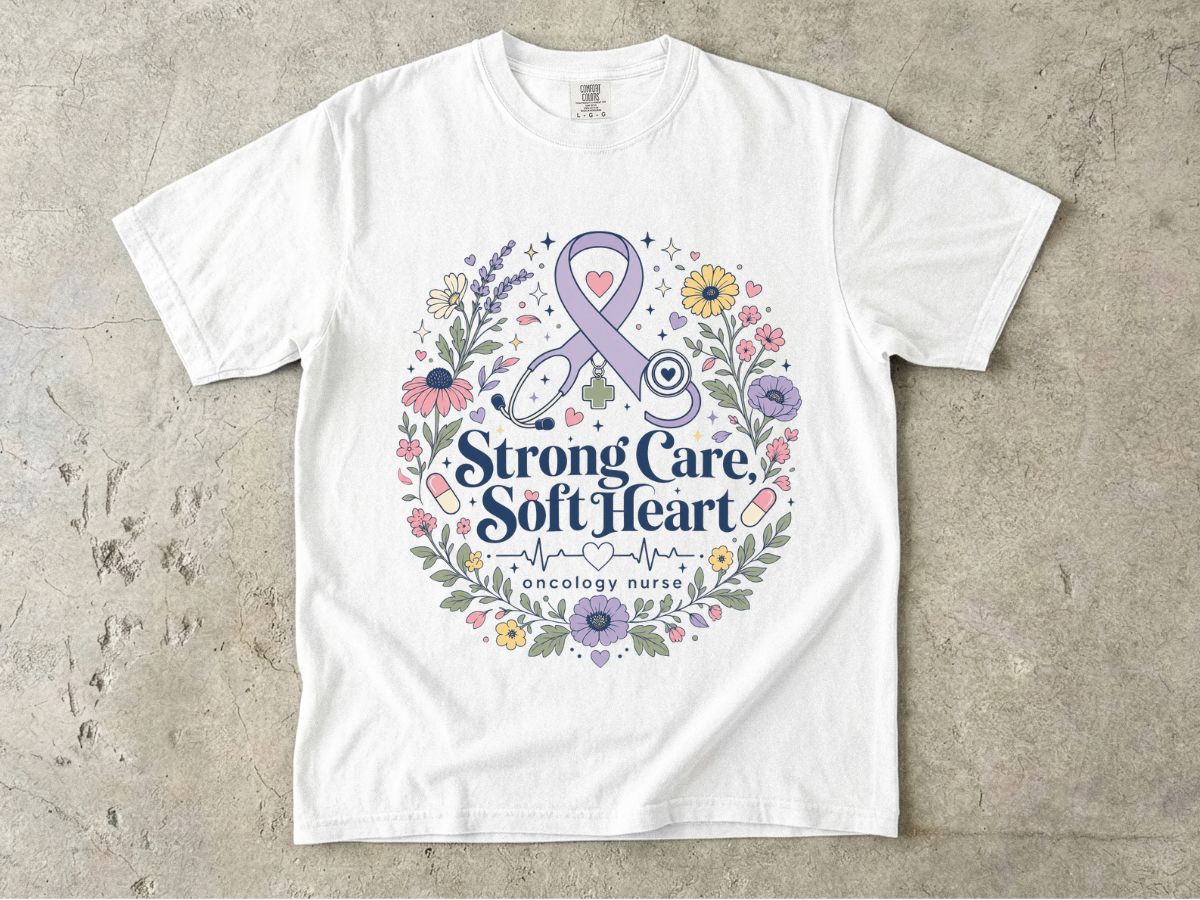 Awareness Ribbon Floral T-Shirt — "Strong Care, Soft Heart" Breast Cancer Support Tee