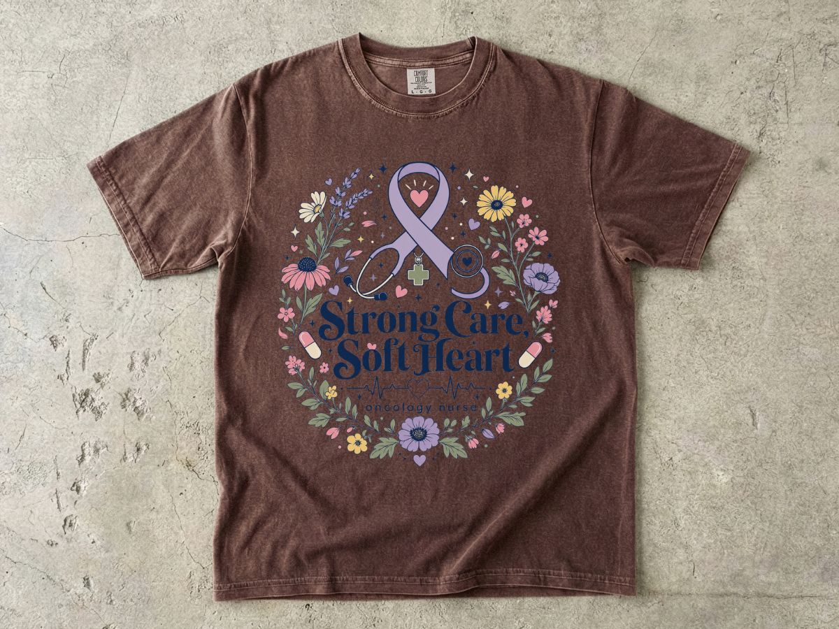 Awareness Ribbon Floral T-Shirt — "Strong Care, Soft Heart" Breast Cancer Support Tee