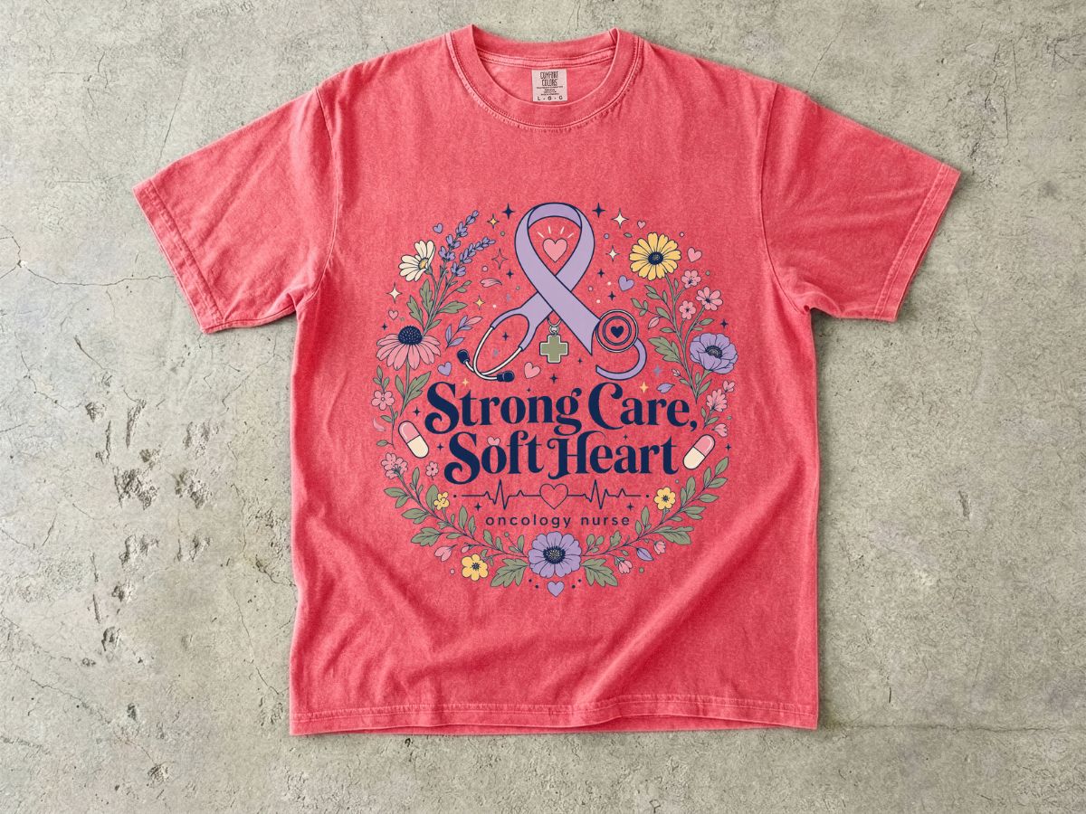 Awareness Ribbon Floral T-Shirt — "Strong Care, Soft Heart" Breast Cancer Support Tee