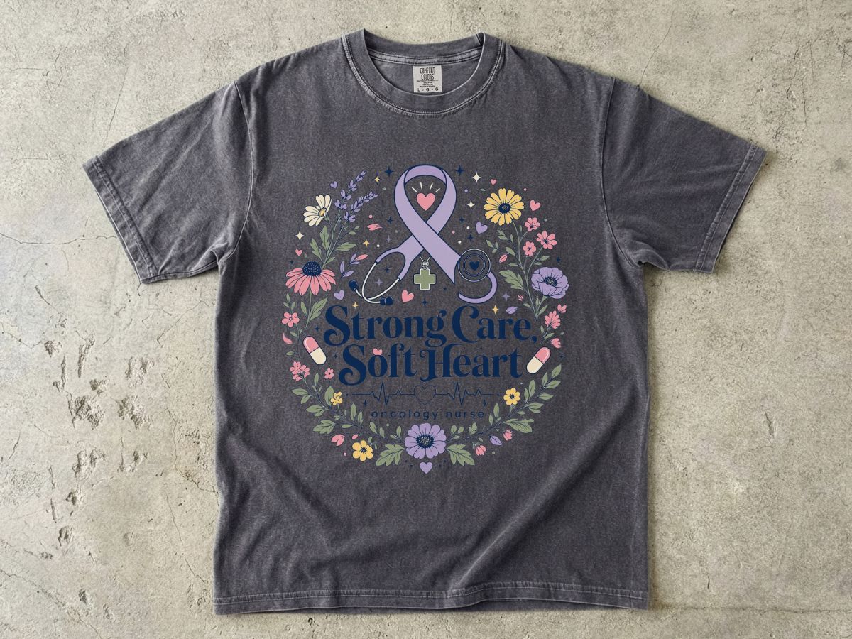 Awareness Ribbon Floral T-Shirt — "Strong Care, Soft Heart" Breast Cancer Support Tee