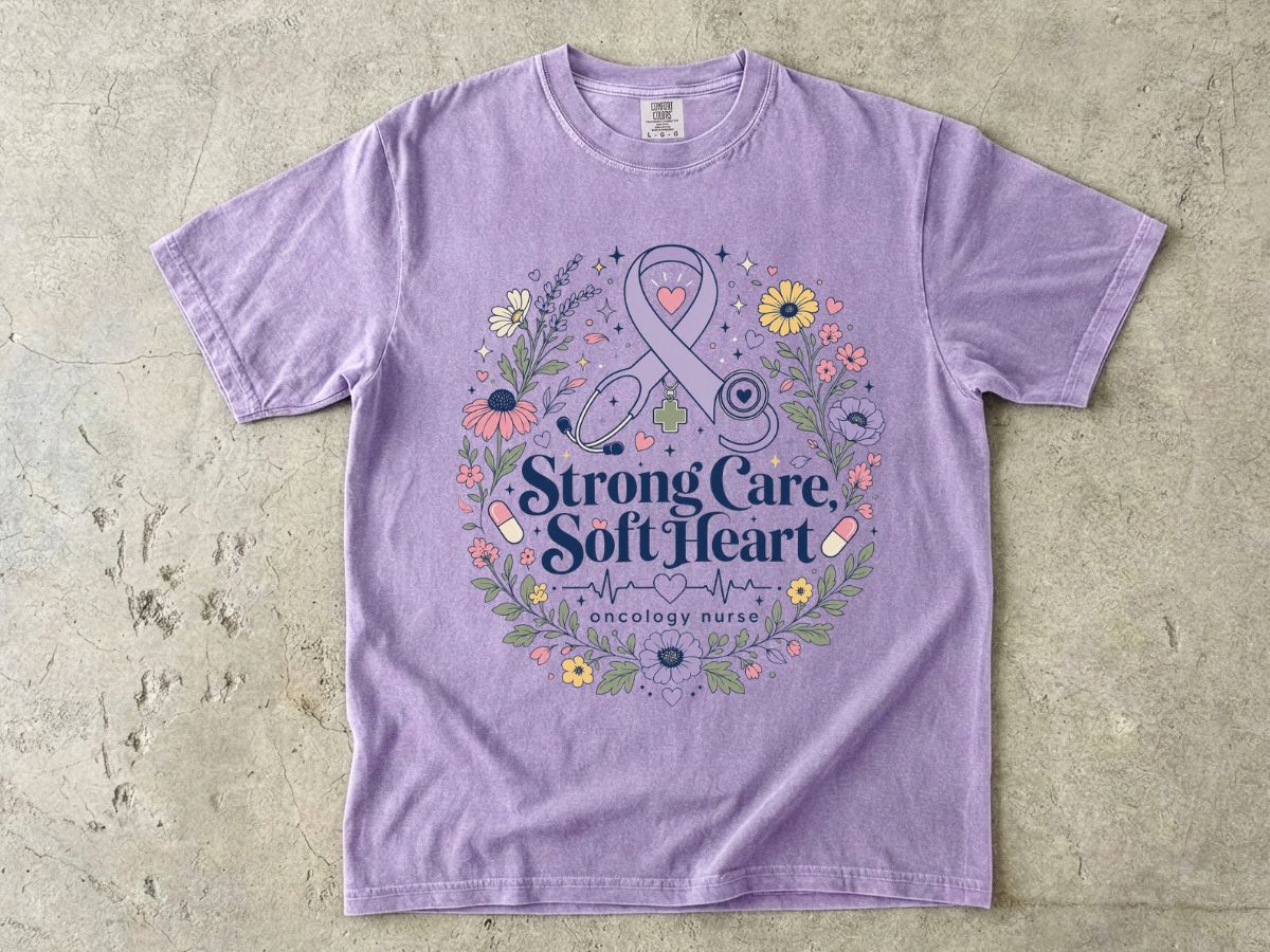 Awareness Ribbon Floral T-Shirt — "Strong Care, Soft Heart" Breast Cancer Support Tee