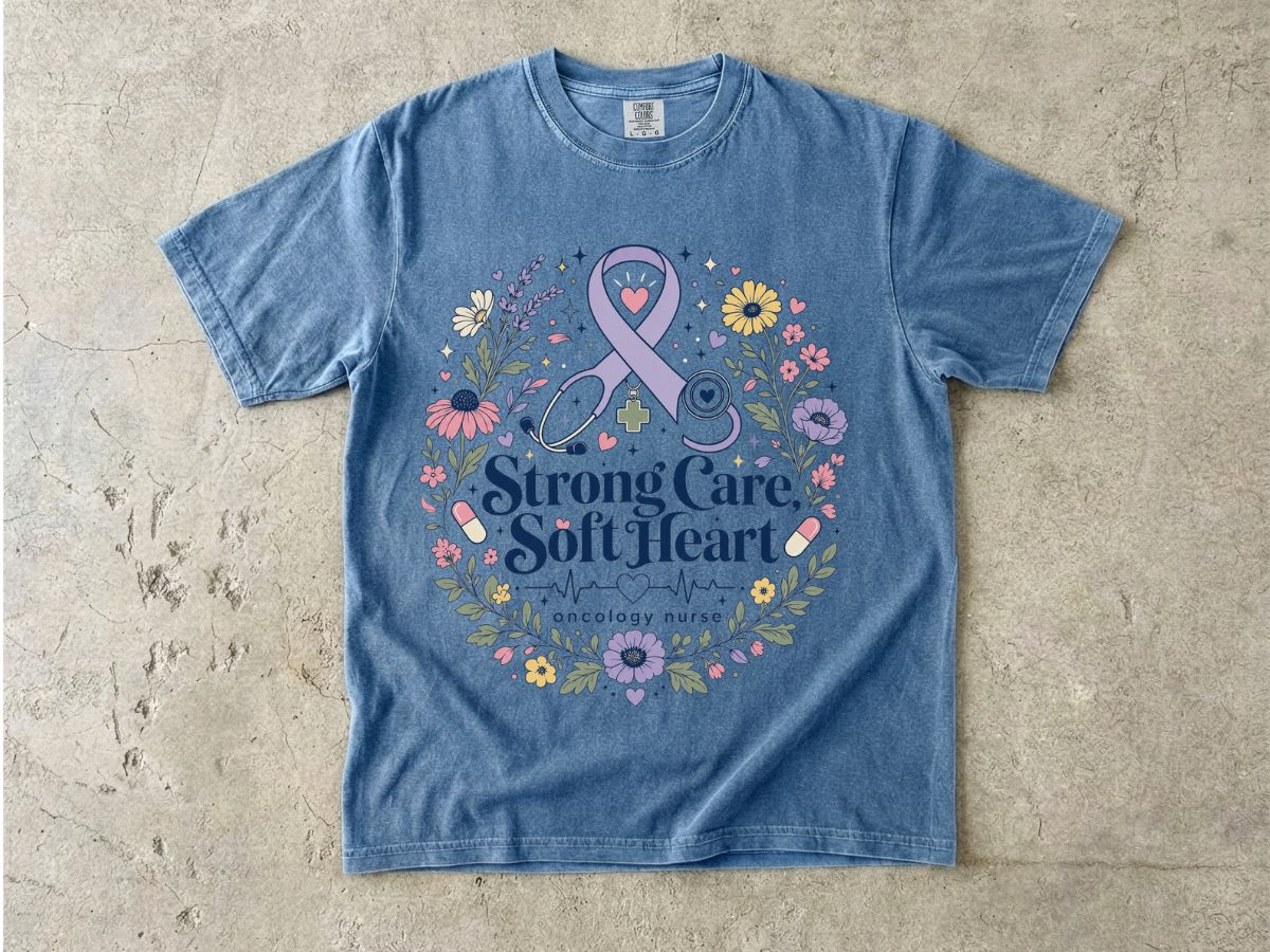 Awareness Ribbon Floral T-Shirt — "Strong Care, Soft Heart" Breast Cancer Support Tee