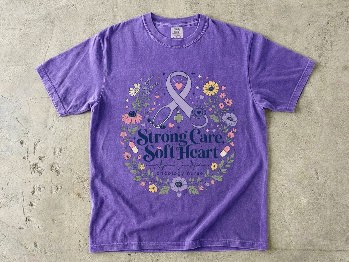 Awareness Ribbon Floral T-Shirt — "Strong Care, Soft Heart" Breast Cancer Support Tee
