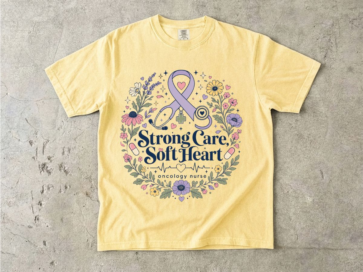 Awareness Ribbon Floral T-Shirt — "Strong Care, Soft Heart" Breast Cancer Support Tee