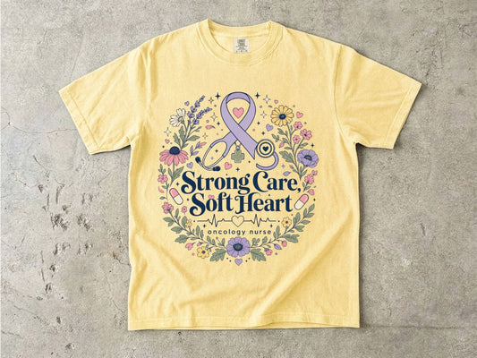 Awareness Ribbon Floral T-Shirt — "Strong Care, Soft Heart" Breast Cancer Support Tee