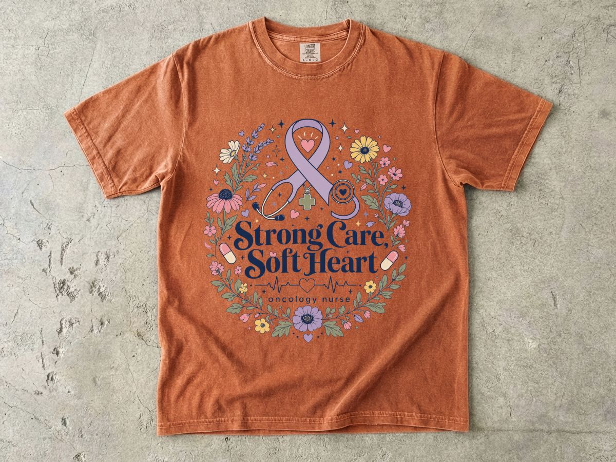 Awareness Ribbon Floral T-Shirt — "Strong Care, Soft Heart" Breast Cancer Support Tee