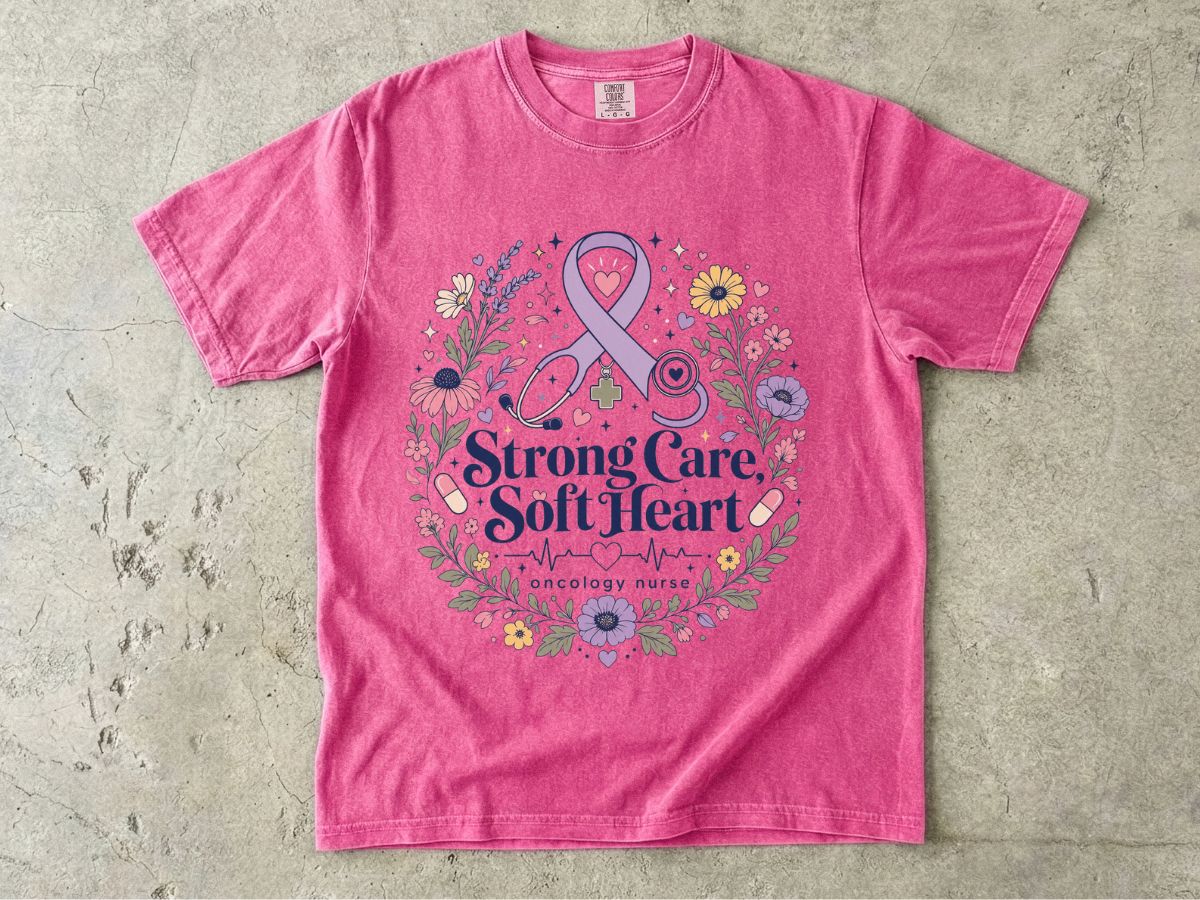 Awareness Ribbon Floral T-Shirt — "Strong Care, Soft Heart" Breast Cancer Support Tee