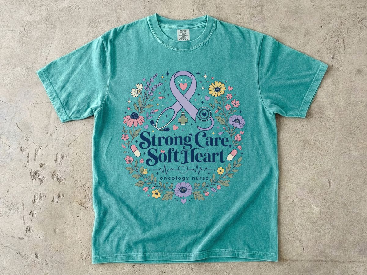 Awareness Ribbon Floral T-Shirt — "Strong Care, Soft Heart" Breast Cancer Support Tee