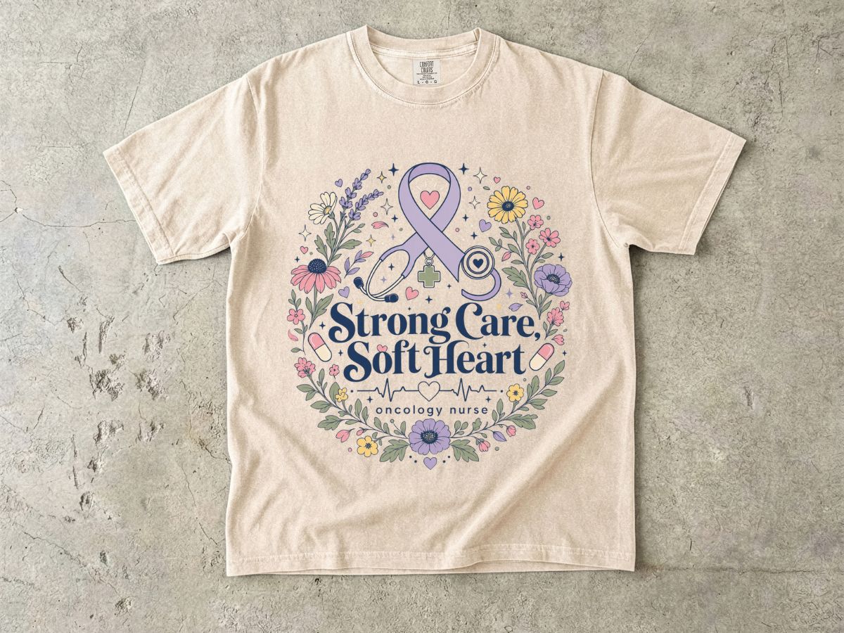 Awareness Ribbon Floral T-Shirt — "Strong Care, Soft Heart" Breast Cancer Support Tee