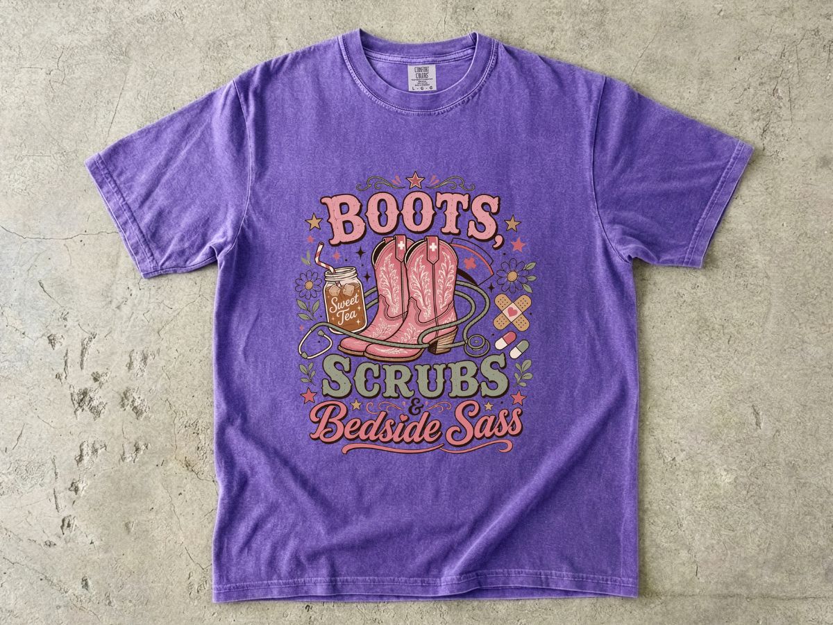 Nurse T-Shirt — "Boots Scrubs Bedside Sass" Western Nursing Tee
