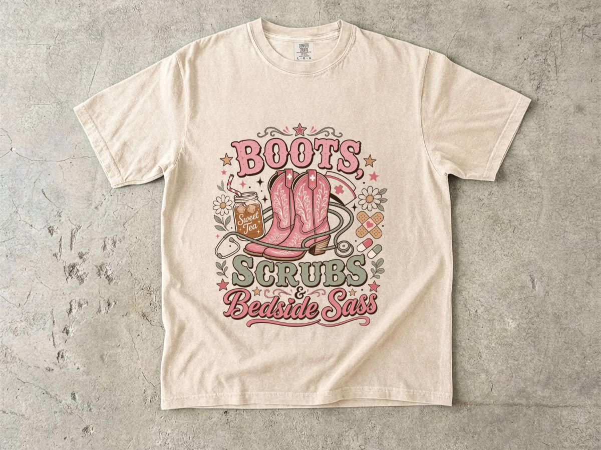 Nurse T-Shirt — "Boots Scrubs Bedside Sass" Western Nursing Tee