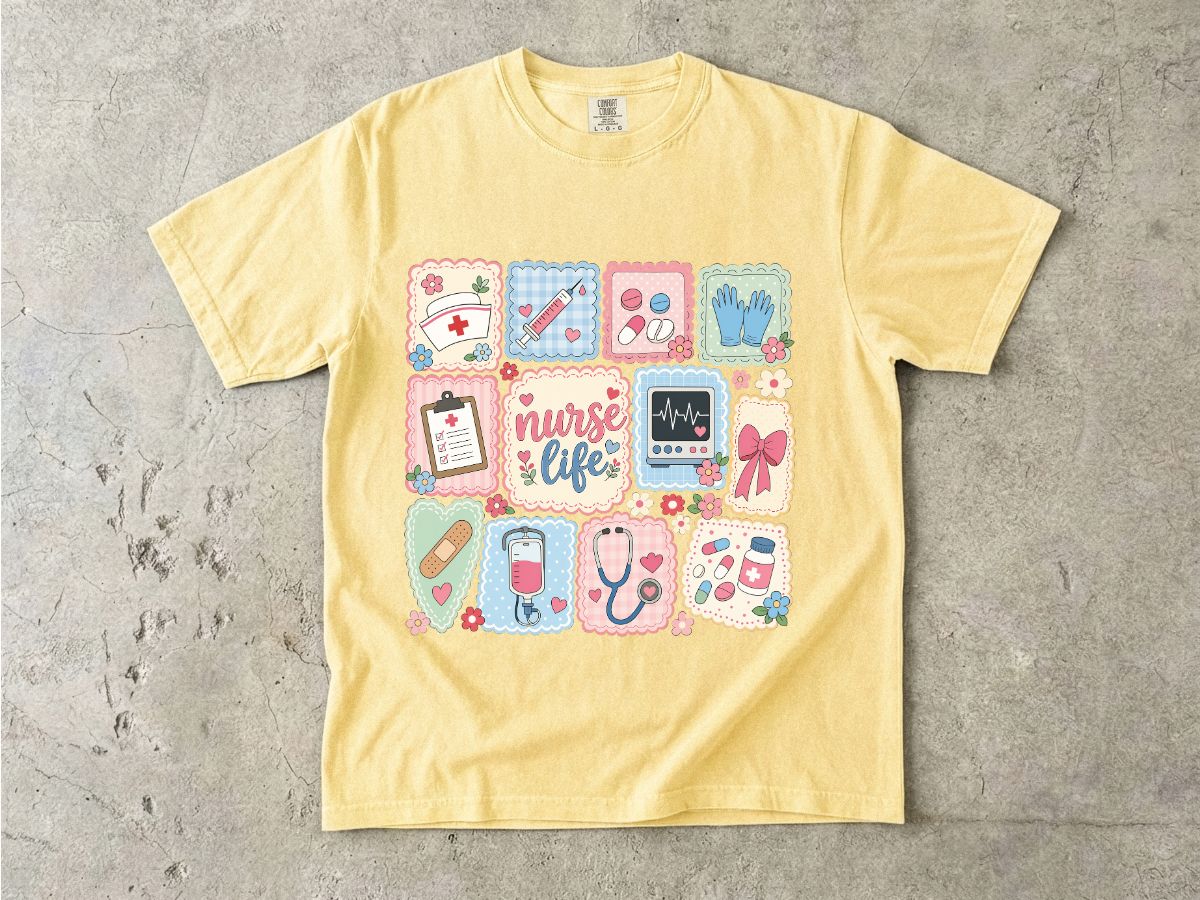 Nurse Life Graphic T-Shirt — Cute Medical Icons Tee for Nurses