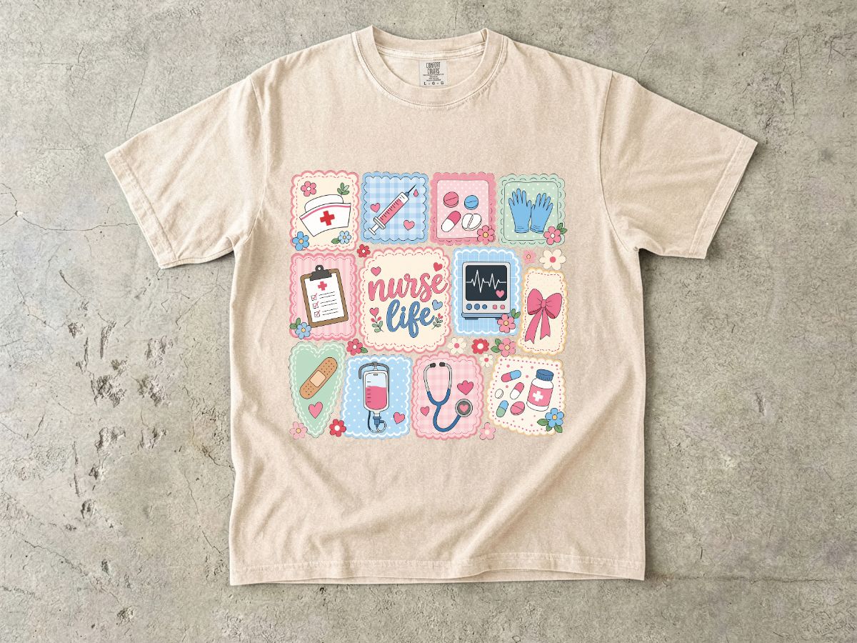 Nurse Life Graphic T-Shirt — Cute Medical Icons Tee for Nurses