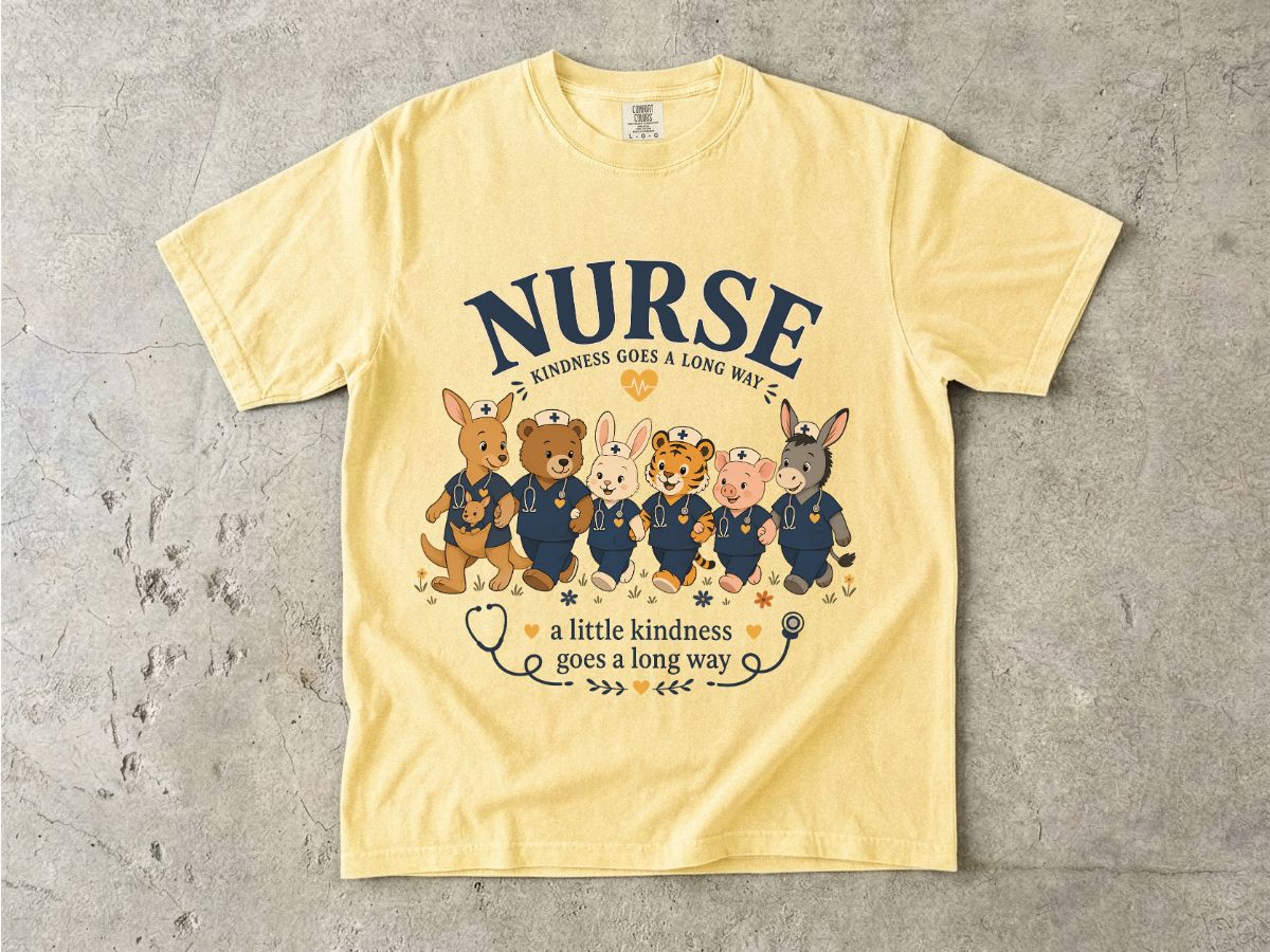 Nurse Cute Animal Crew T-Shirt — "A Little Kindness Goes a Long Way"