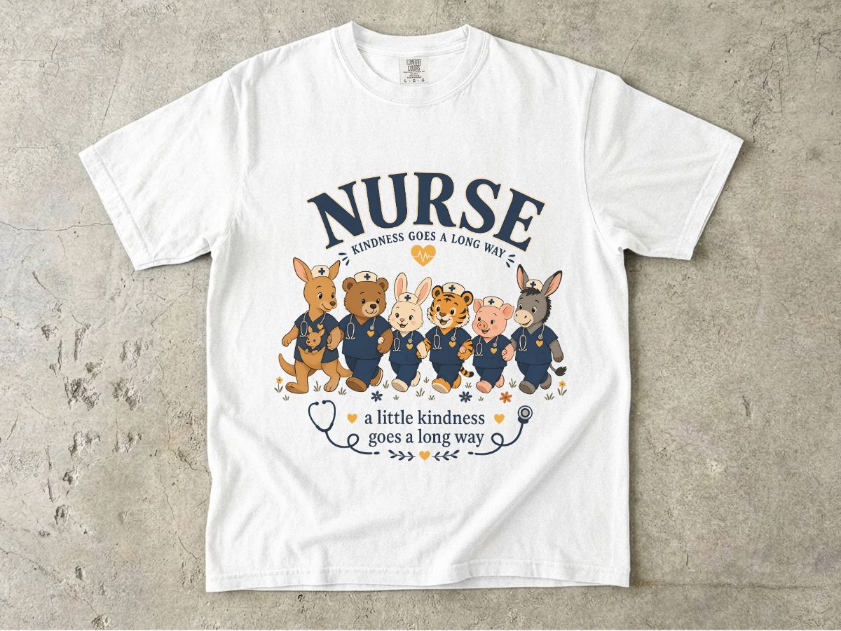 Nurse Cute Animal Crew T-Shirt — "A Little Kindness Goes a Long Way"