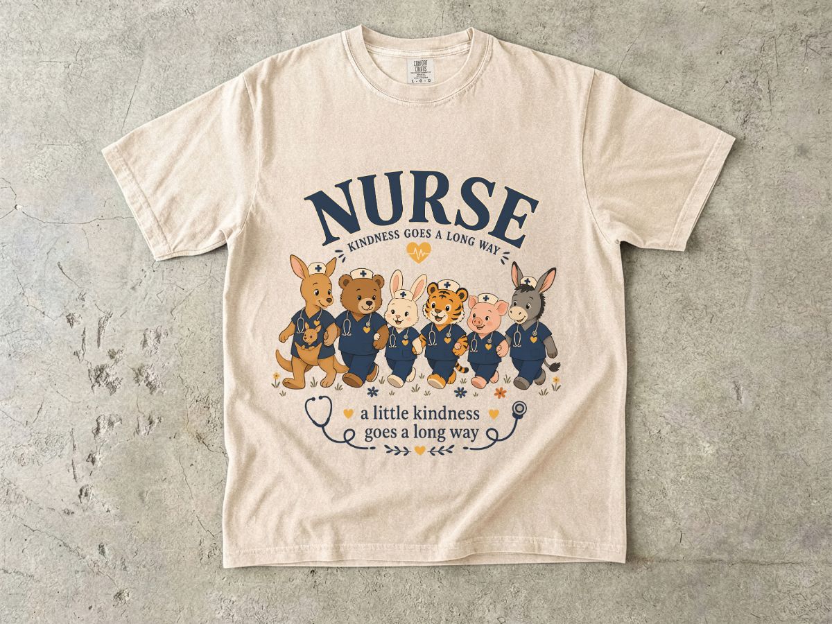 Nurse Cute Animal Crew T-Shirt — "A Little Kindness Goes a Long Way"