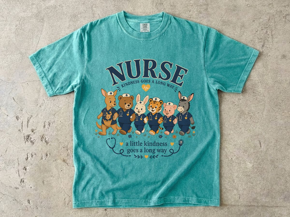 Nurse Cute Animal Crew T-Shirt — "A Little Kindness Goes a Long Way"